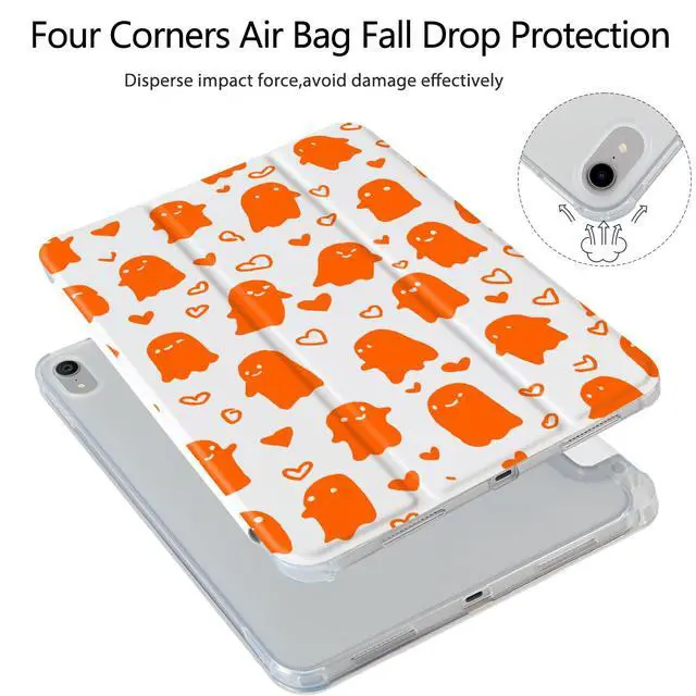 Alt view image 3 of 5 - Halloween Orange Ghost Case for iPad 11 inch (A16 Chip) 2025 Generation 11th/iPad 10.9 inch 2022 10th Gen with Pencil Holder and Auto Sleep/Wake,White Leather Soft TPU Back Shell Stand Cover