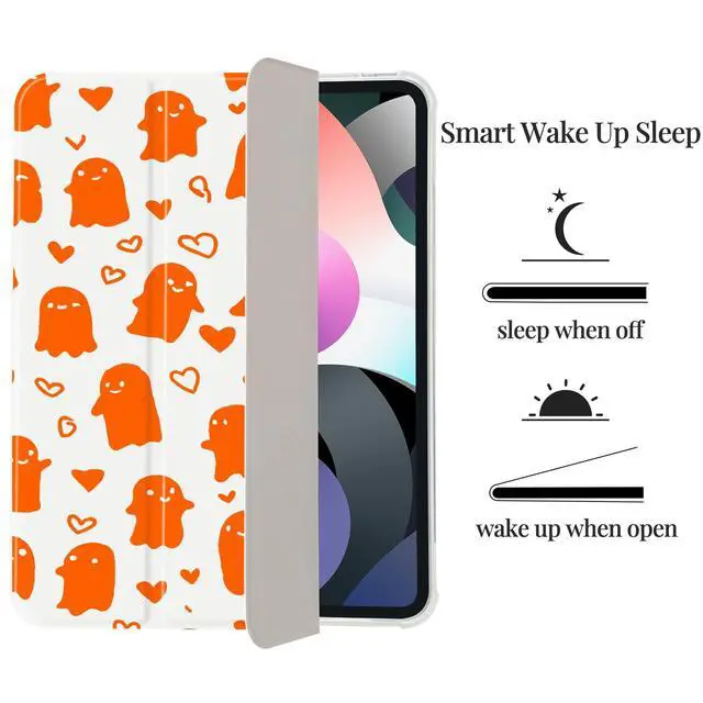 Alt view image 5 of 5 - Halloween Orange Ghost Case for iPad 11 inch (A16 Chip) 2025 Generation 11th/iPad 10.9 inch 2022 10th Gen with Pencil Holder and Auto Sleep/Wake,White Leather Soft TPU Back Shell Stand Cover
