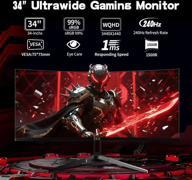 Alt view image 3 of 5 - ZZA 34 Inch Curved Monitor, Gaming Monitor WQHD 4K 240HZ 1500R, Ultra Wide Computer Monitors with FreeSync,HDR10, 1ms,PC Screen Eye Care, Borderless Design,Support Wallmount 75x75mm