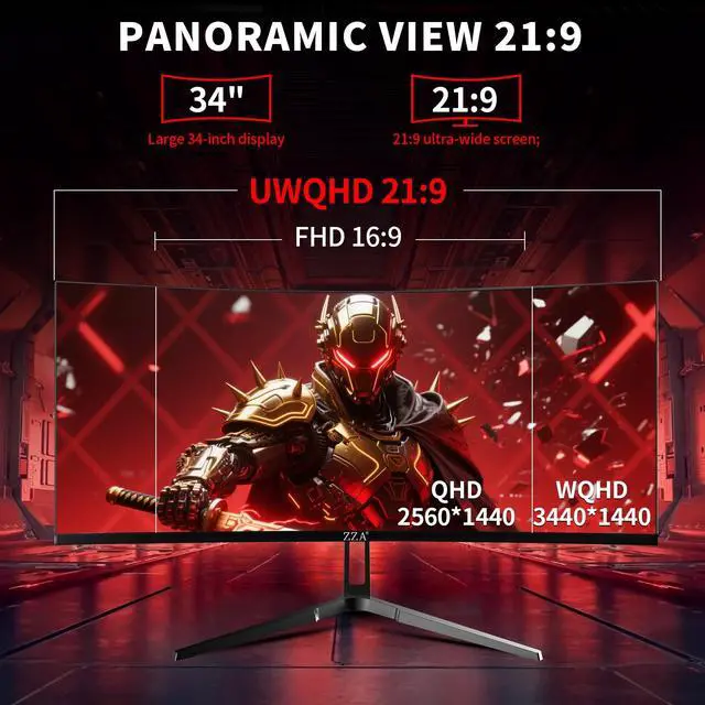 Alt view image 5 of 5 - ZZA 34 Inch Curved Monitor, Gaming Monitor WQHD 4K 240HZ 1500R, Ultra Wide Computer Monitors with FreeSync,HDR10, 1ms,PC Screen Eye Care, Borderless Design,Support Wallmount 75x75mm