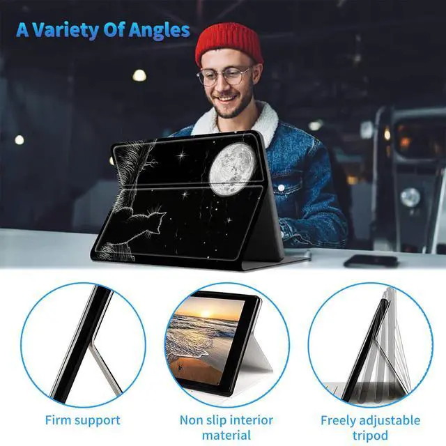 Alt view image 3 of 5 - for 7" All-New Kindle Paperwhite 12th Gen 2024 and Kindle Colorsoft Signature Edition, Multi-Angle Stand Slim Cover with Auto Wake/Sleep + Screen Cleaning Pad, Cat Moon