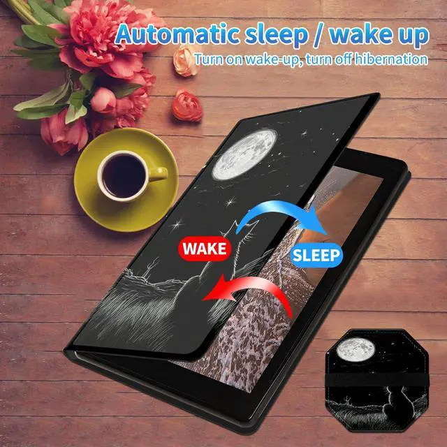 Alt view image 4 of 5 - for 7" All-New Kindle Paperwhite 12th Gen 2024 and Kindle Colorsoft Signature Edition, Multi-Angle Stand Slim Cover with Auto Wake/Sleep + Screen Cleaning Pad, Cat Moon