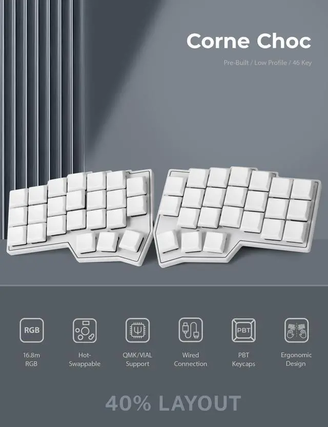 Alt view image 2 of 5 - YIVU Corne LP Low Profile Split Ergonomic Keyboard, 40% Ortholinear Hot-Swappable Mechanical Keyboard with RGB Backlight, Vial Programmable for Programmers and Typists