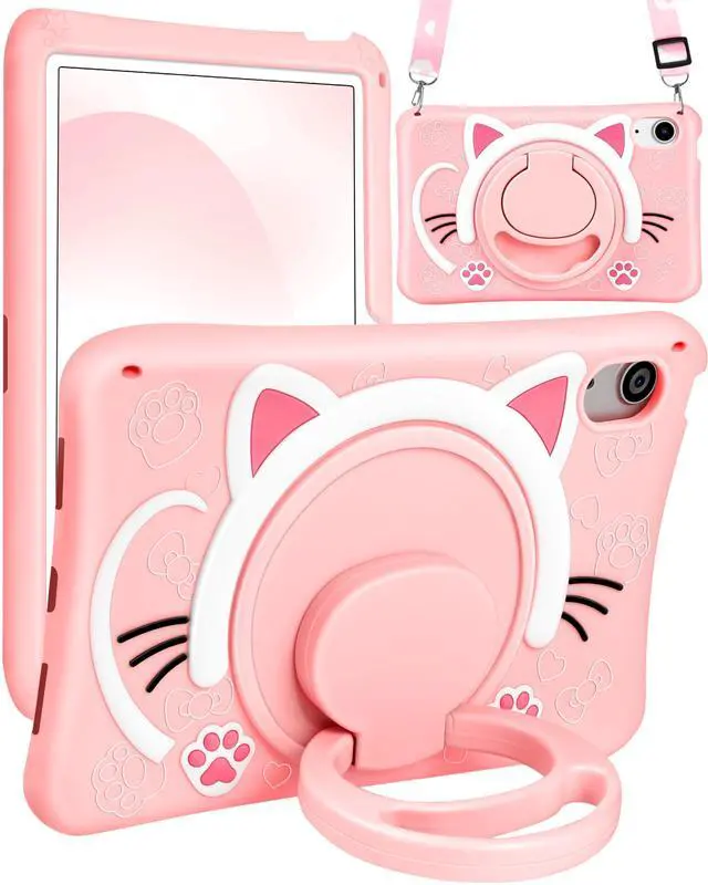 Main image of Wazzasoft for iPad mini 7 A17 Pro 2024, for iPad mini 6 Case 8.3 Inch Girls Cute Cat Kawaii Cover Girly Women Kitten with Rotating Stand & Strap Soft Silicone Funda for iPad mini 7th/6th Gen Cases