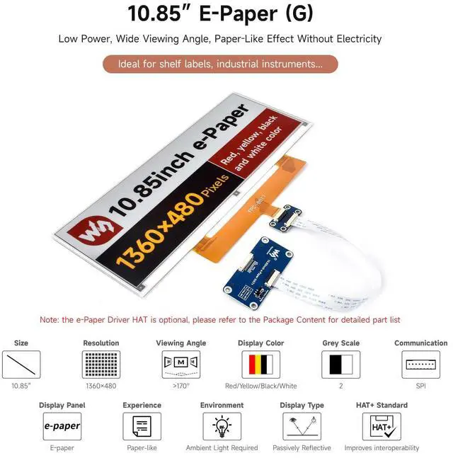 Alt view image 3 of 5 - Waveshare 10.85inch e-Paper Display, Compatible with Raspberry Pi 5/4B/3B/Zero/Zero W/Zero 2W/Pico/Pico W/Pico WH, e-Ink Display, 1360x480, Red/Yellow/Black/White