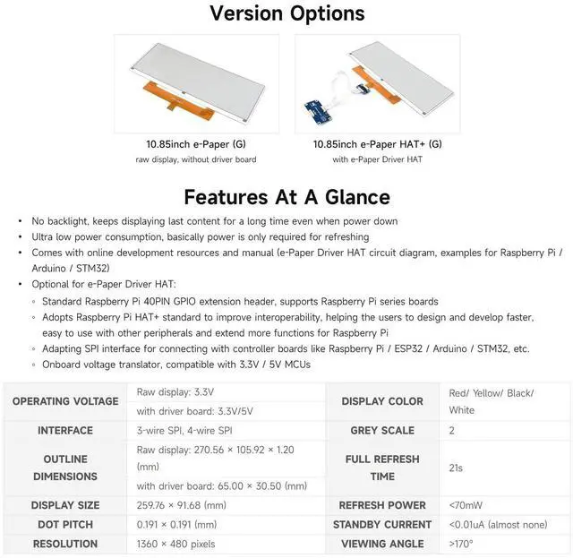 Alt view image 4 of 5 - Waveshare 10.85inch e-Paper Display, Compatible with Raspberry Pi 5/4B/3B/Zero/Zero W/Zero 2W/Pico/Pico W/Pico WH, e-Ink Display, 1360x480, Red/Yellow/Black/White