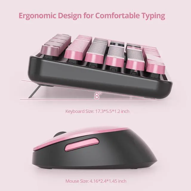 Alt view image 3 of 5 - Owpkeenthy Keyboard and Mouse Wireless, Cute Retro Full-Size Cordless Keyboard with Number Pad 2.4 GHz Wireless USB Receiver for Computer (Heimei Pink)
