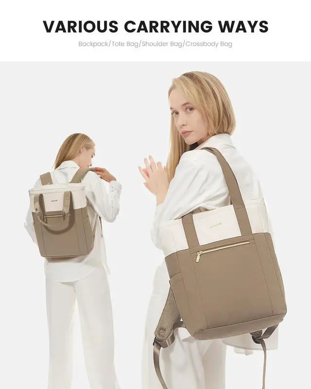 Alt view image 3 of 5 - LOVEVOOK Laptop Backpack for Women, 17.3 Laptop Bag for Women Tote Bag Convertible, Lightweight Travel Backpack for College, Wide Open Work Backpack for Nurse Teacher Water-resistant Khaki