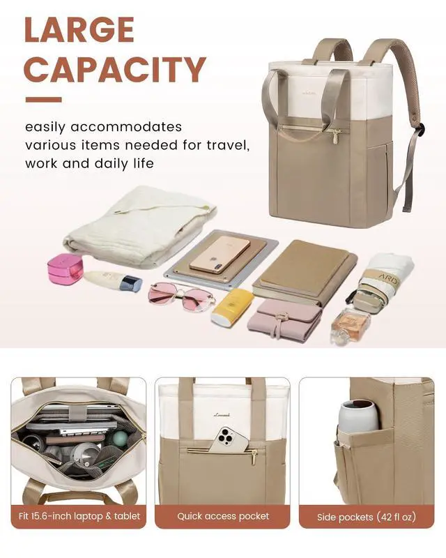 Alt view image 4 of 5 - LOVEVOOK Laptop Backpack for Women, 17.3 Laptop Bag for Women Tote Bag Convertible, Lightweight Travel Backpack for College, Wide Open Work Backpack for Nurse Teacher Water-resistant Khaki