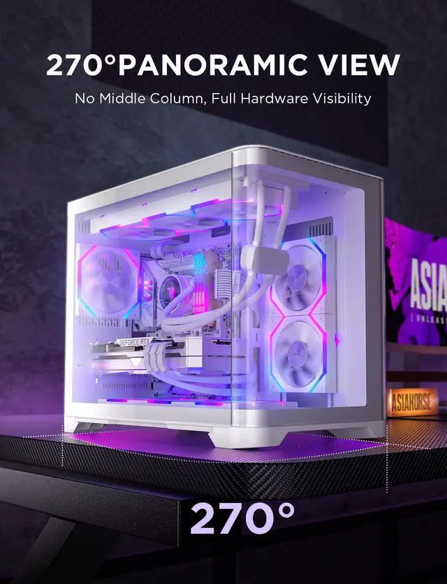 Alt view image 2 of 5 - AsiaHorse Pegasus Micro ATX PC Case Dual Chamber 270° Full View Tempered Glass Huge Space MATX Gaming PC Case-360mm Radiator, RTX 40 Compatible, High Airflow Full-Tower MATX Computer Cases-White