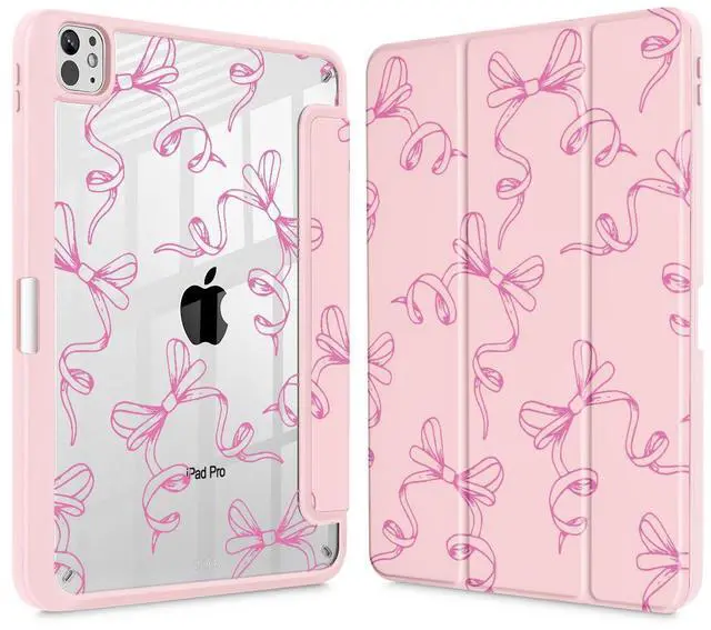 Main image of May Chen Case for iPad Pro 11-Inch M5/M4 2025/2024 (6th/5th Generation), Clear Transparent Print Back Shell Slim Stand Shockproof Tablet Cover, Auto Wake/Sleep, Pink Bows P565