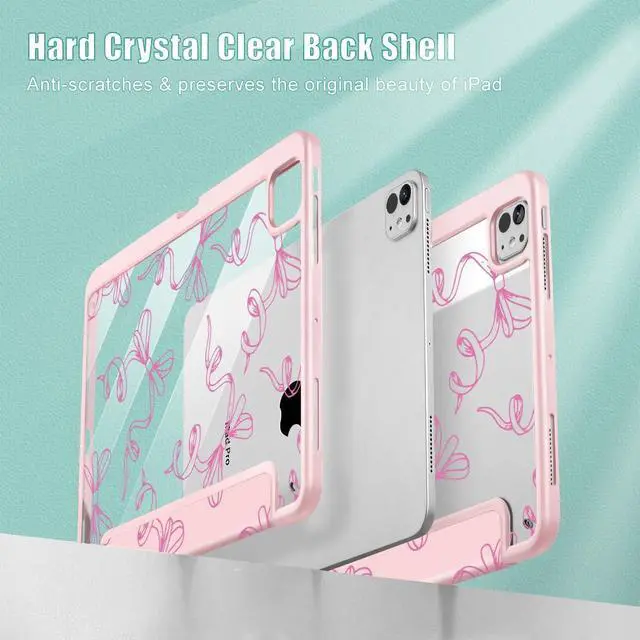 Alt view image 4 of 5 - May Chen Case for iPad Pro 11-Inch M5/M4 2025/2024 (6th/5th Generation), Clear Transparent Print Back Shell Slim Stand Shockproof Tablet Cover, Auto Wake/Sleep, Pink Bows P565