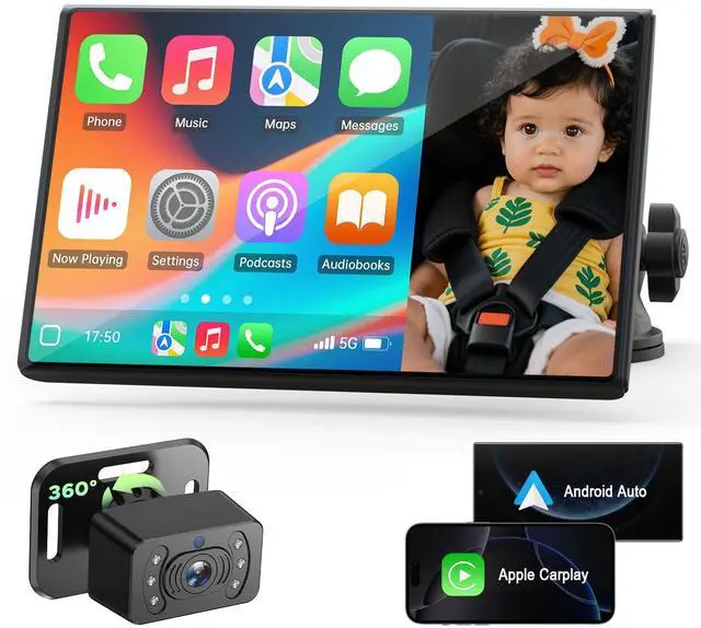 Main image of LAMTTO Baby Car Monitor with 7" Split Screen, Wireless CarPlay & Android Auto, HD Rear Camera for Baby with Night Vision, Car Display for iPhone/Android, Easy Install, for SUV/Sedan