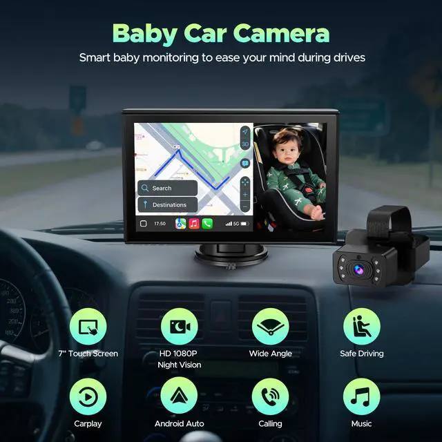Alt view image 2 of 5 - LAMTTO Baby Car Monitor with 7" Split Screen, Wireless CarPlay & Android Auto, HD Rear Camera for Baby with Night Vision, Car Display for iPhone/Android, Easy Install, for SUV/Sedan