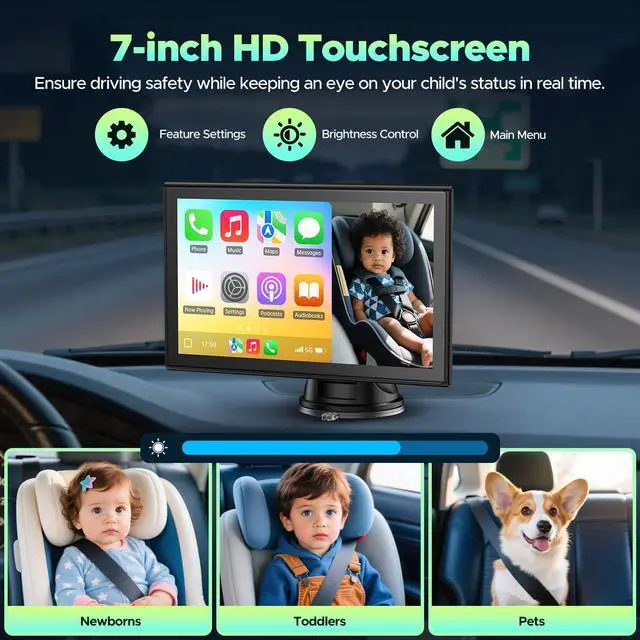 Alt view image 3 of 5 - LAMTTO Baby Car Monitor with 7" Split Screen, Wireless CarPlay & Android Auto, HD Rear Camera for Baby with Night Vision, Car Display for iPhone/Android, Easy Install, for SUV/Sedan