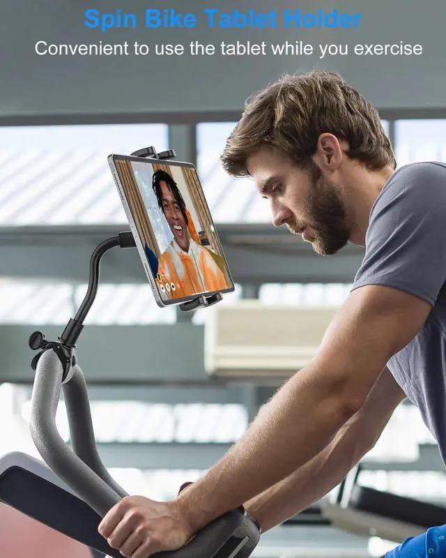 Alt view image 2 of 5 - Kolasels Gooseneck Tablet Holder for Spin Bike, Stationary Bicycle, Wheelchair, Treadmill, Indoor Bike, Peloton, Elliptical, Tablet Mount Clamp for iPad Pro, Air, Mini, Galaxy Tabs, 4.7-12.9" Tablets