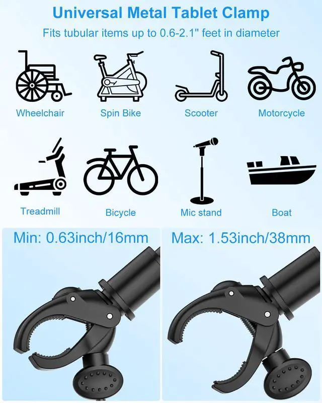 Alt view image 4 of 5 - Kolasels Gooseneck Tablet Holder for Spin Bike, Stationary Bicycle, Wheelchair, Treadmill, Indoor Bike, Peloton, Elliptical, Tablet Mount Clamp for iPad Pro, Air, Mini, Galaxy Tabs, 4.7-12.9" Tablets