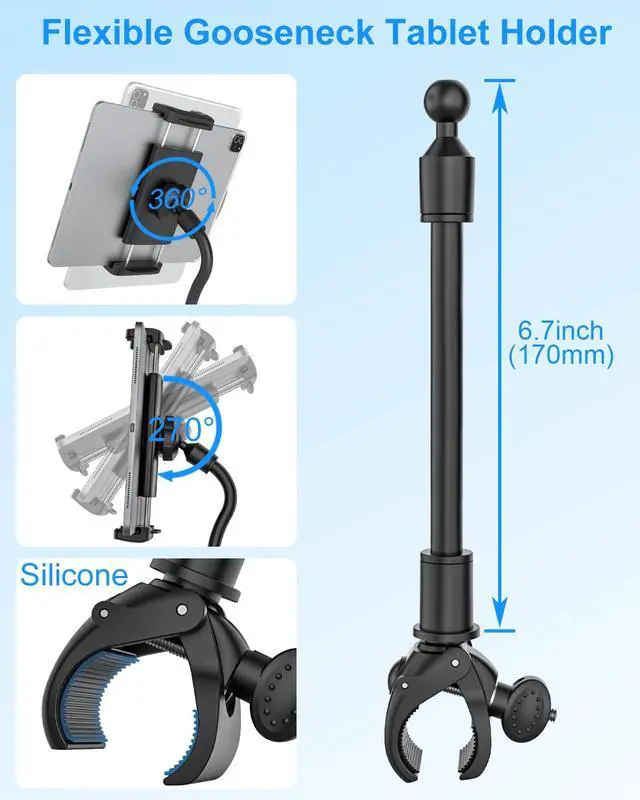 Alt view image 5 of 5 - Kolasels Gooseneck Tablet Holder for Spin Bike, Stationary Bicycle, Wheelchair, Treadmill, Indoor Bike, Peloton, Elliptical, Tablet Mount Clamp for iPad Pro, Air, Mini, Galaxy Tabs, 4.7-12.9" Tablets