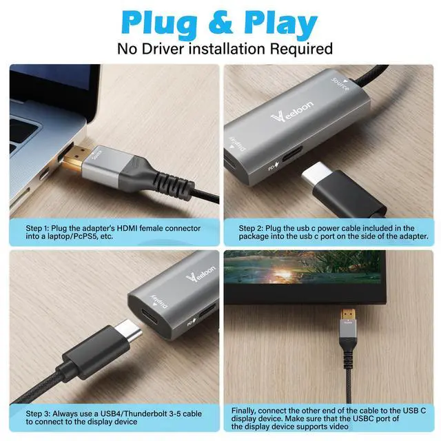 Alt view image 4 of 5 - HDMI Male to USB C Female Adapter 4K@60Hz for AR Glasses, Unidirectional HDMI Source to Type C Display with Charging Port for Portable Monitor from PS5/4,Xbox,Switch, PC, Steam, Power Cable Included