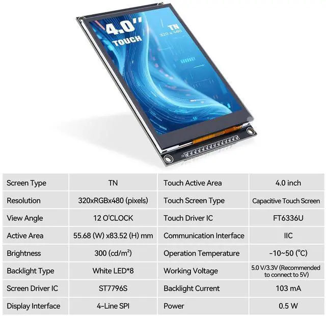 Alt view image 3 of 5 - Ransanx 2PCS LCD Display 4.0 Inch 320x480 TN Capacitive Touch Screen Esp32 Display Module SPI Serial ST7796S Driver for Ar duino R3/Mega2560 (Black)
