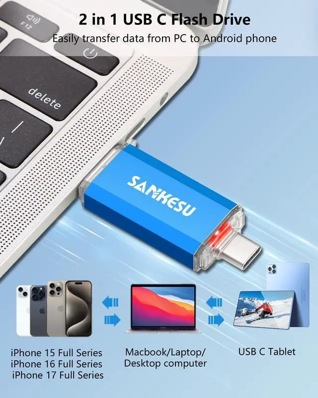Alt view image 4 of 5 - 3.0 USB C Flash Drive, USB-A & Type-C OTG Thumb Stick, Dual Memory Sticks Compatible with PC/Laptop/Type C Cell Phone and Tablet (Silver/Blue, 128GB)