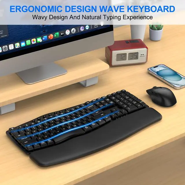 Alt view image 2 of 5 - Ergonomic Wireless Keyboard Mouse Combo, EDJO Bluetooth/2.4G Dual-Mode Connection, Soft Foam Wrist Rest, Silent Typing, Waves Key Design and 3-Level DPI Adjustable Wireless Mouse for Windows, Mac OS