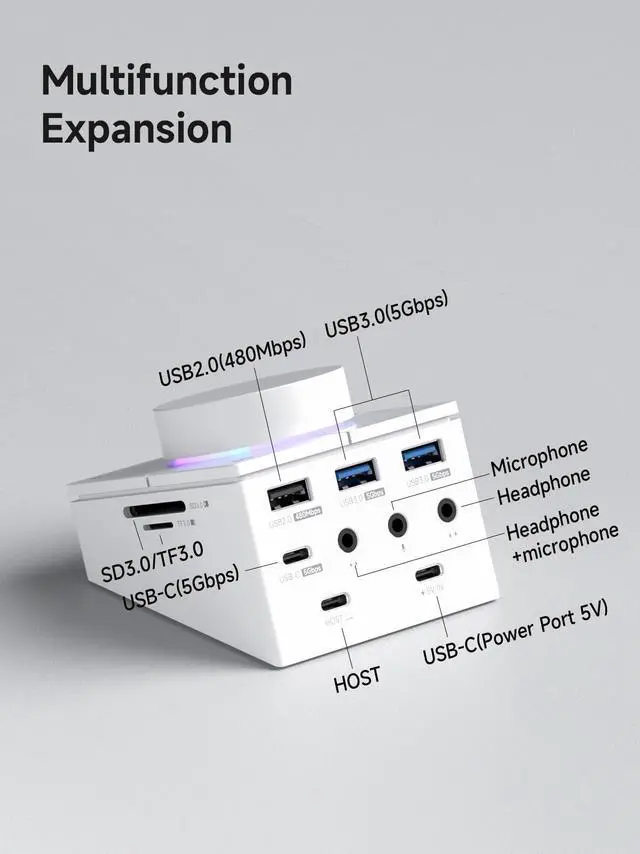 Alt view image 2 of 5 - Hagibis Knob USB C Hub with Shortcut Buttons, RGB Type-C Docking Station with 5Gbps USB-C, 2 USB3.0, 3.5mm Jack, SD/Micro SD3.0, USB2.0 for MacBook iPad Pro Laptop (White AG)