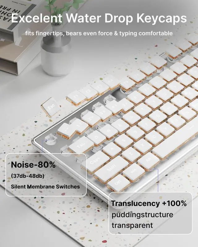 Alt view image 4 of 5 - SEUNKWANG V3 Wireless Keyboard and Mouse with Single Backlit, Metal Panel, Bluetooth/2.4G Rechargeable Computer Keyboard and Mouse Combo Silent Light up Full Size Cute Keyboards-White