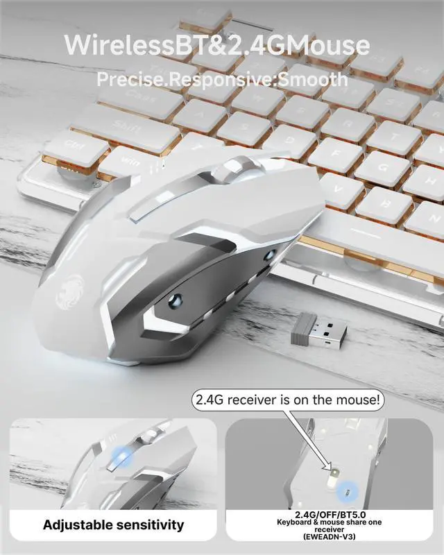 Alt view image 5 of 5 - SEUNKWANG V3 Wireless Keyboard and Mouse with Single Backlit, Metal Panel, Bluetooth/2.4G Rechargeable Computer Keyboard and Mouse Combo Silent Light up Full Size Cute Keyboards-White