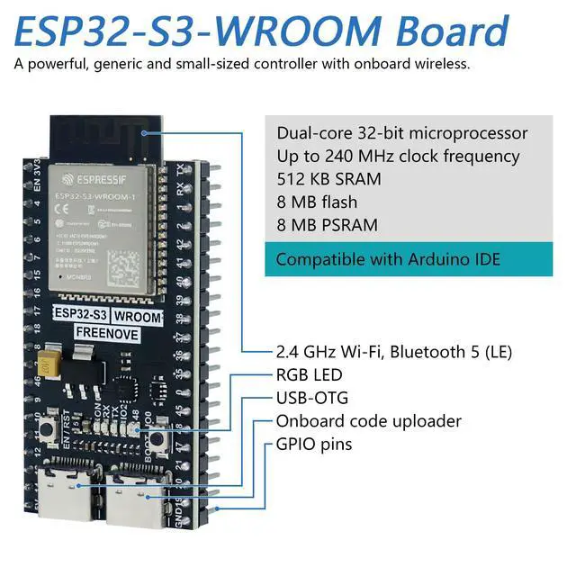 Alt view image 3 of 5 - Freenove ESP32-S3 ESP32 S3 Board Lite (2 Pack), Dual-core 32-bit 240 MHz Microcontroller, Onboard Wireless, Python C Code, Example Projects Tutorial