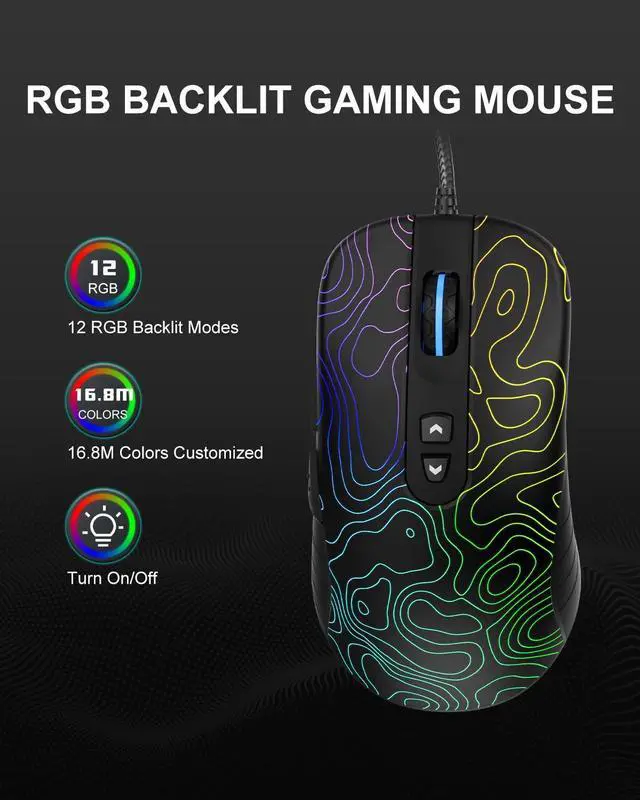 Alt view image 2 of 5 - Womier G706 USB Wired Gaming Mouse for PC Computer Windows Mac Laptop, Lightweight Silent RGB Backlit Mouse with Adjustable 12000DPI/7 Programmable Side Buttons,Kanagawa Theme (Black Topographic)