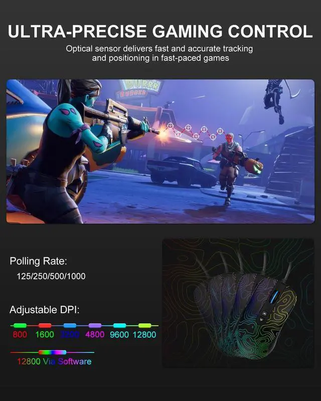 Alt view image 3 of 5 - Womier G706 USB Wired Gaming Mouse for PC Computer Windows Mac Laptop, Lightweight Silent RGB Backlit Mouse with Adjustable 12000DPI/7 Programmable Side Buttons,Kanagawa Theme (Black Topographic)