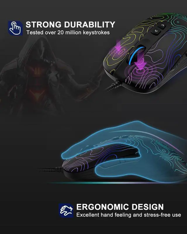 Alt view image 4 of 5 - Womier G706 USB Wired Gaming Mouse for PC Computer Windows Mac Laptop, Lightweight Silent RGB Backlit Mouse with Adjustable 12000DPI/7 Programmable Side Buttons,Kanagawa Theme (Black Topographic)