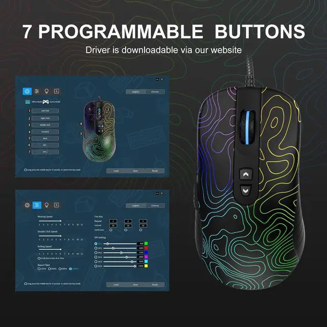 Alt view image 5 of 5 - Womier G706 USB Wired Gaming Mouse for PC Computer Windows Mac Laptop, Lightweight Silent RGB Backlit Mouse with Adjustable 12000DPI/7 Programmable Side Buttons,Kanagawa Theme (Black Topographic)