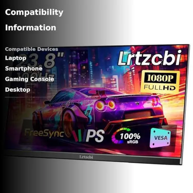 Alt view image 3 of 5 - Lrtzcbi 23.8" 100Hz Large Portable Monitor FHD 1080P IPS External Gaming Display 100% SRGB Laptop Screen Extender with USB C HDMI Adjustable Stand for Laptop PC Computer Mac Phone Windows