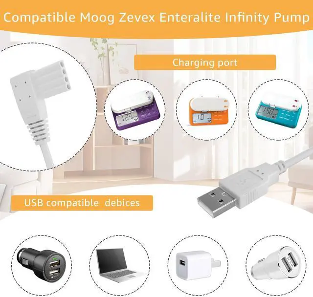 Alt view image 4 of 5 - Sigely USB Power Supply Cord Compatible with Moog Zevex Enteralite Infinity Pump Power Charging Cable (White)
