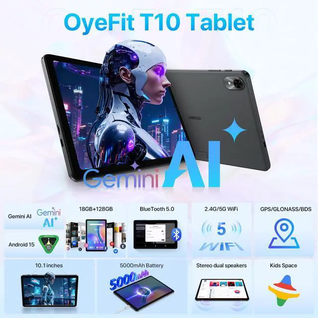 Alt view image 2 of 5 - OYEFIT Android 15 Tablet 10.1 inch,18(6+12) GB+128GB+2TB Expandable 2025 Widevine L1 Tablets with Speed 2.0 GHz,1280x800 HD IPS,FM Radio, 5000mAh,WiFi6,GPS,Bluetooth,Travel Gift,Kids Space,YT Kids