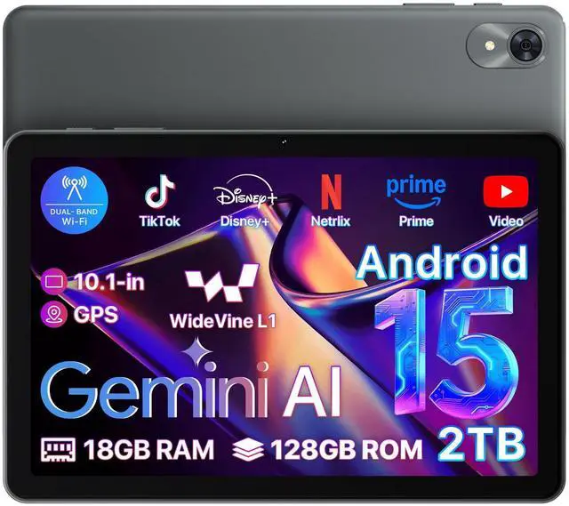 Main image of OYEFIT Android 15 Tablet 10.1 inch,18(6+12) GB+128GB+2TB Expandable 2025 Widevine L1 Tablets with Speed 2.0 GHz,1280x800 HD IPS,FM Radio, 5000mAh,WiFi6,GPS,Bluetooth,Travel Gift,Kids Space,YT Kids