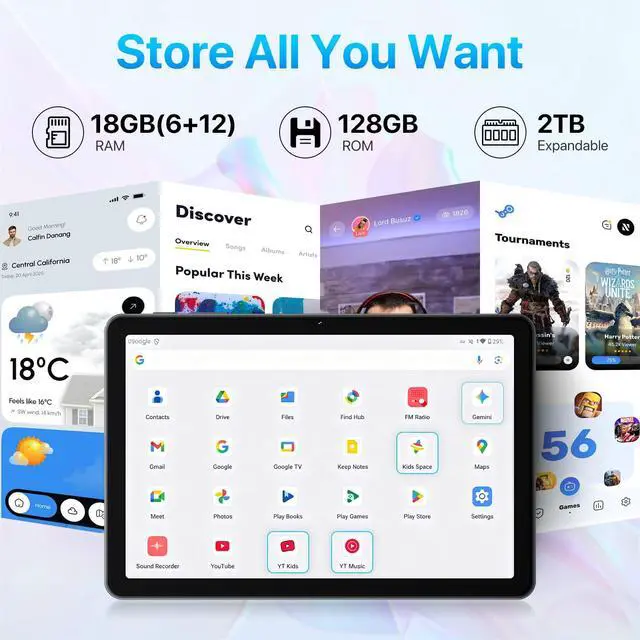 Alt view image 3 of 5 - OYEFIT Android 15 Tablet 10.1 inch,18(6+12) GB+128GB+2TB Expandable 2025 Widevine L1 Tablets with Speed 2.0 GHz,1280x800 HD IPS,FM Radio, 5000mAh,WiFi6,GPS,Bluetooth,Travel Gift,Kids Space,YT Kids