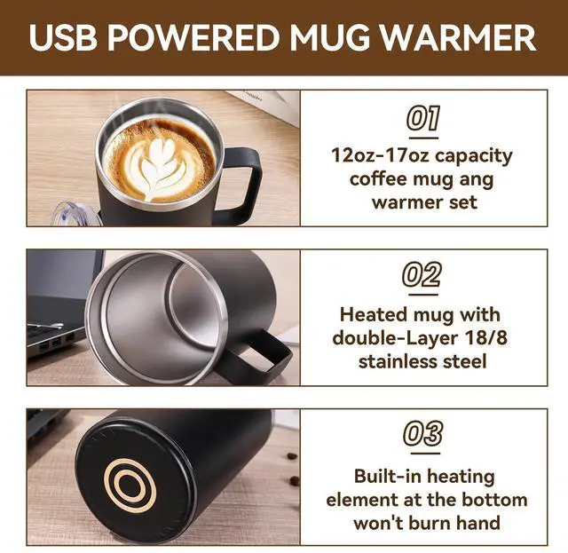 Alt view image 4 of 5 - DEQIANG Smart Electric Heated Mug with 10Hrs Auto Shut Off, Coffee Warmer with Mug Set, USB Powered Self Heating Coffee Cup 12oz-Black