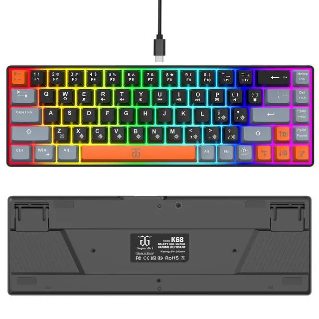 Alt view image 3 of 5 - Snpurdiri 60% Percent Gaming Keyboard, Compact RGB Backlit Small Gaming Keyboard for Windows, PC, Laptop (68 Keys, Black-Grey-Orange)
