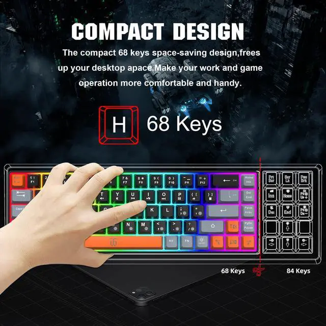 Alt view image 2 of 5 - Snpurdiri 60% Percent Gaming Keyboard, Compact RGB Backlit Small Gaming Keyboard for Windows, PC, Laptop (68 Keys, Black-Grey-Orange)