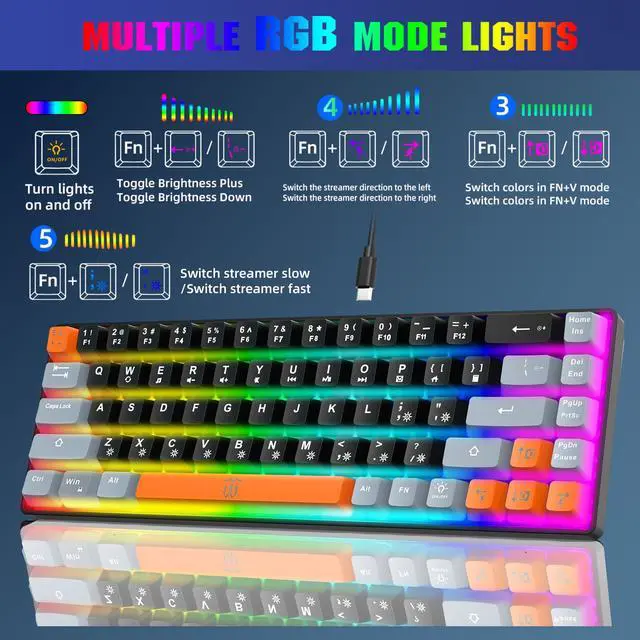 Alt view image 5 of 5 - Snpurdiri 60% Percent Gaming Keyboard, Compact RGB Backlit Small Gaming Keyboard for Windows, PC, Laptop (68 Keys, Black-Grey-Orange)