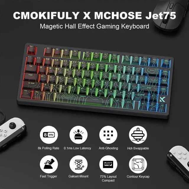 Alt view image 2 of 5 - CMOKIFULY x MCHOSE Jet75 Magnetic Keyboard,75% Wired Gaming Keyboard Hall Effect Switch,Rapid Trigger Mode,8K Hz Polling Rate,0.1ms Lantency,Rhythmic RGB Backlight (Topograhic Black, Starburst Switch)