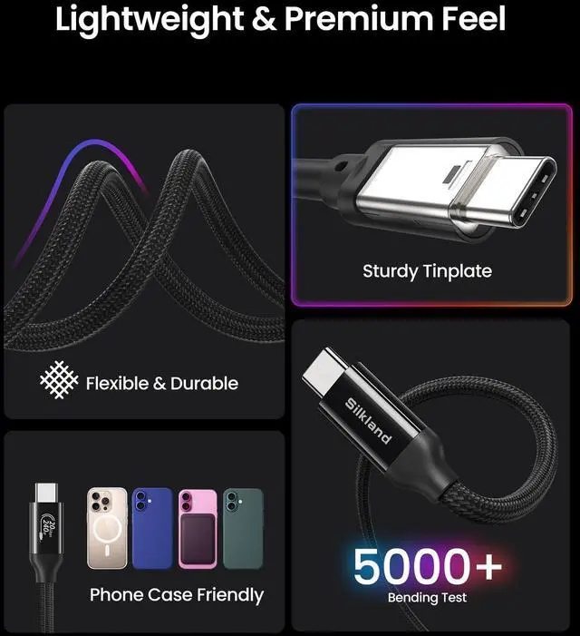 Alt view image 4 of 5 - Silkland Long USB 4 Cable for Thunderbolt 4 [15FT/4.5M], 20Gbps Data Sync, 5K@60Hz, 240W Fast Charging, USB C Thunderbolt Cable, Compatible for MacBook, iPhone 16, iPad, SSD, Docking, eGPU, Black