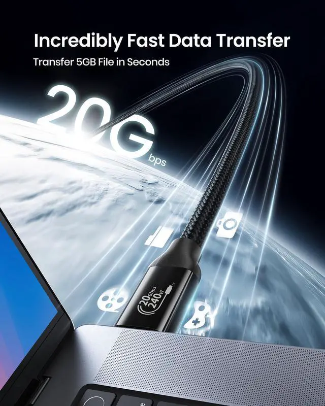 Alt view image 2 of 5 - Silkland Long USB 4 Cable for Thunderbolt 4 [15FT/4.5M], 20Gbps Data Sync, 5K@60Hz, 240W Fast Charging, USB C Thunderbolt Cable, Compatible for MacBook, iPhone 16, iPad, SSD, Docking, eGPU, Black