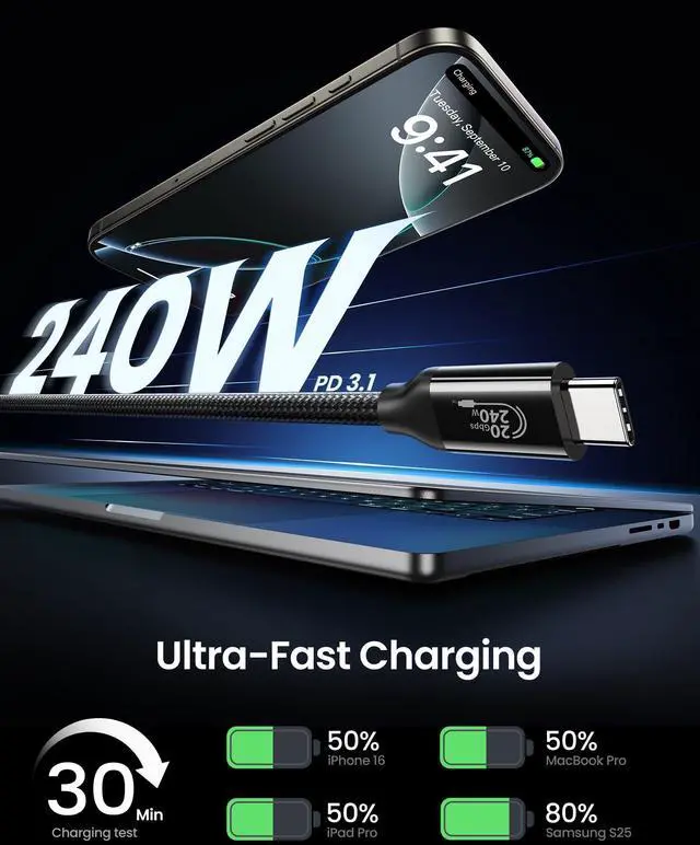 Alt view image 5 of 5 - Silkland Long USB 4 Cable for Thunderbolt 4 [15FT/4.5M], 20Gbps Data Sync, 5K@60Hz, 240W Fast Charging, USB C Thunderbolt Cable, Compatible for MacBook, iPhone 16, iPad, SSD, Docking, eGPU, Black