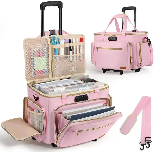 Housolution Rolling Teacher Bag with Wheels, Fits for 17" Laptop, Teacher Tote Bag with Detachable Trolley, Laptop Work Case with Anti Theft Lock, Briefcase Cart with Accordion File Organizer, Pink