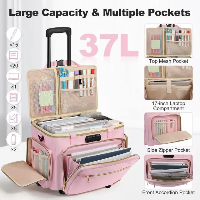 Alt view image 3 of 5 - Housolution Rolling Teacher Bag with Wheels, Fits for 17" Laptop, Teacher Tote Bag with Detachable Trolley, Laptop Work Case with Anti Theft Lock, Briefcase Cart with Accordion File Organizer, Pink