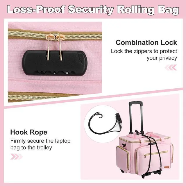 Alt view image 5 of 5 - Housolution Rolling Teacher Bag with Wheels, Fits for 17" Laptop, Teacher Tote Bag with Detachable Trolley, Laptop Work Case with Anti Theft Lock, Briefcase Cart with Accordion File Organizer, Pink